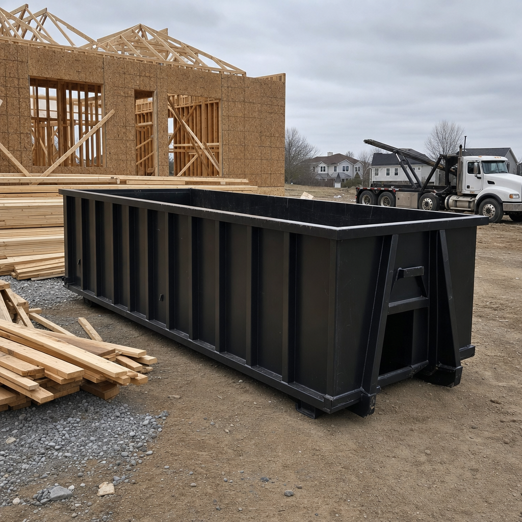 Matte-black 40-yard roll-off dumpster staged on a framed-out residential construction site in Charleston, framing lumber stacked nearby, hooklift delivery truck visible in the background under bright Colorado daylight