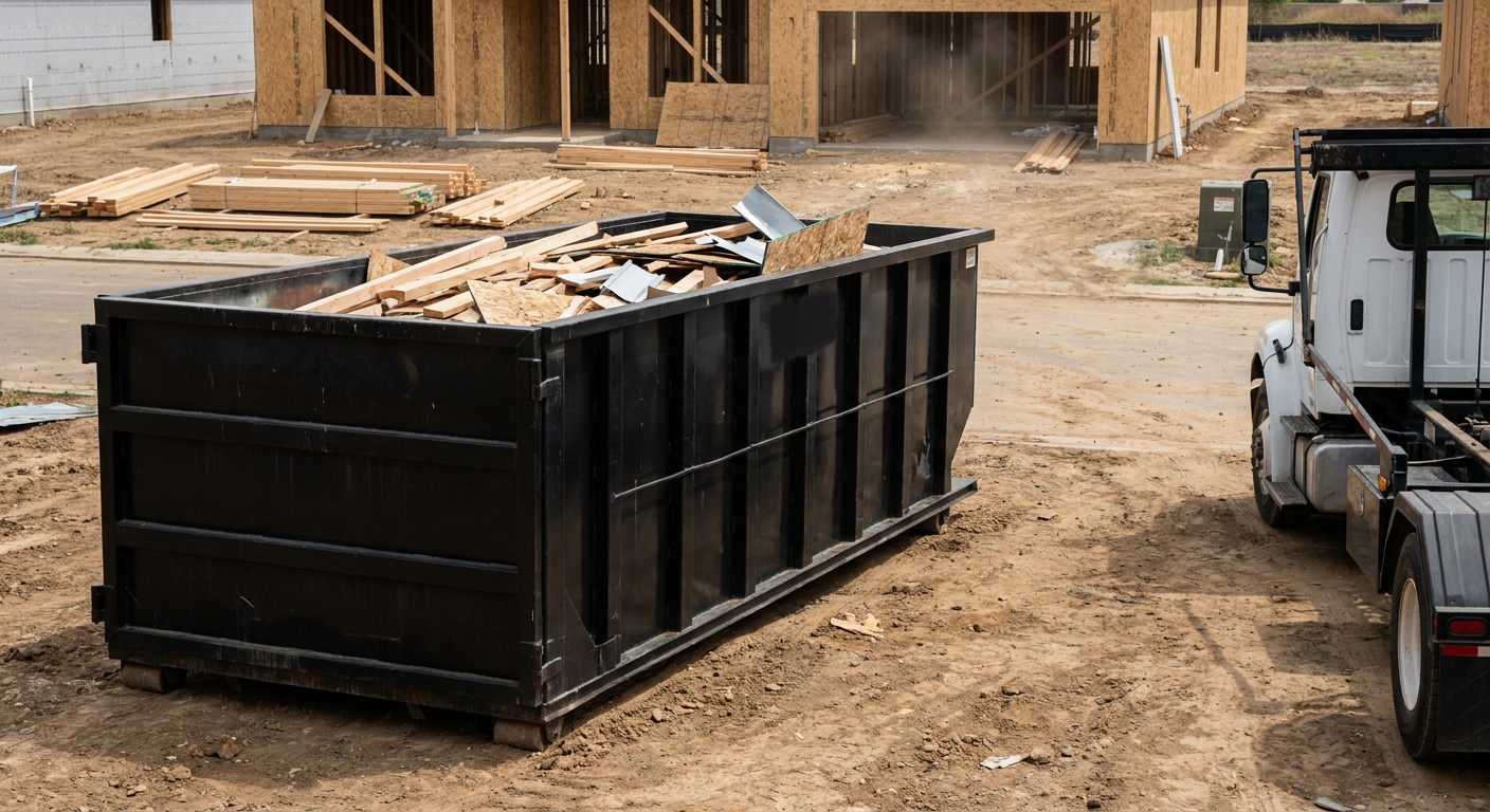 Matte-black 20-yard roll-off construction dumpster with heavy ribbed steel sidewalls and swing rear doors at a working jobsite in Charleston, sitting directly on compacted dirt with an unmarked white hauler partially visible at the far edge of the frame.