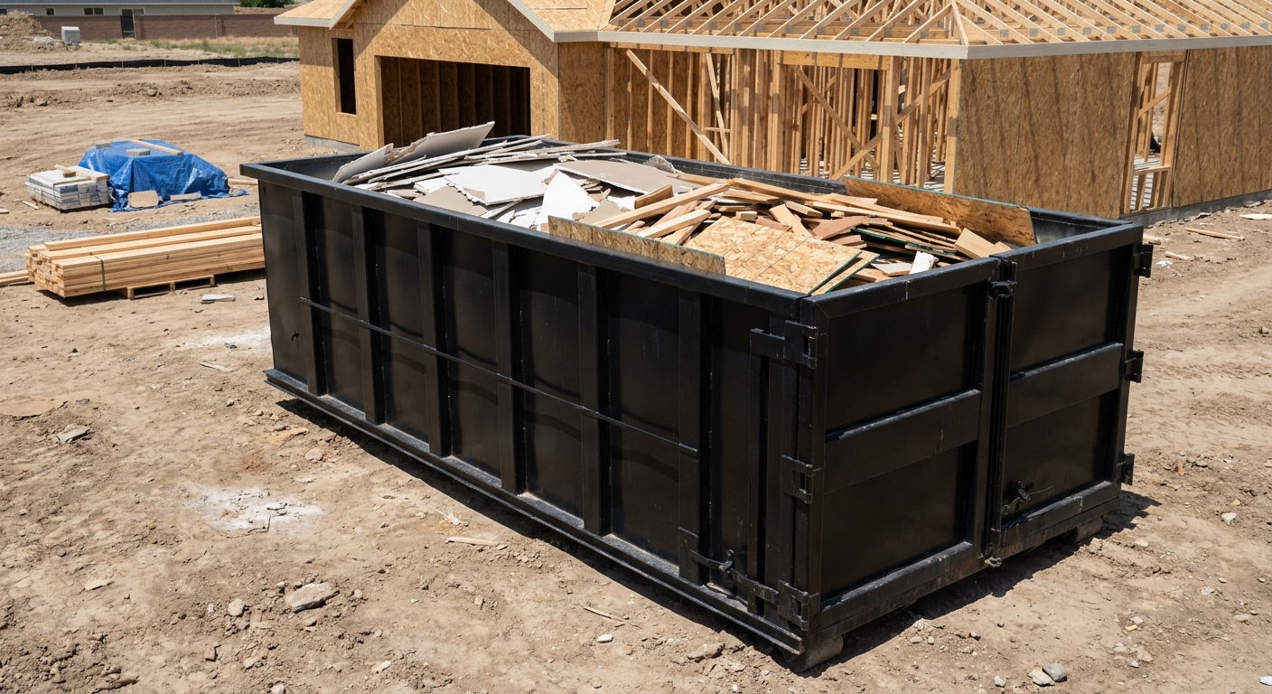 Matte-black 30-yard roll-off construction dumpster sitting directly on the compacted-dirt site of a framed single-family home build in Charleston, drywall and lumber scrap loaded inside.