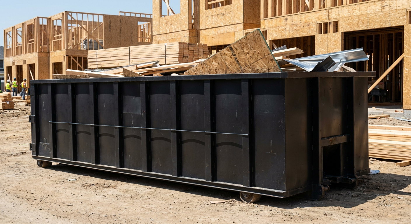 Matte-black 40-yard roll-off construction dumpster being lowered from a white-cab hooklift delivery truck onto the compacted-dirt jobsite at a commercial build site in Charleston