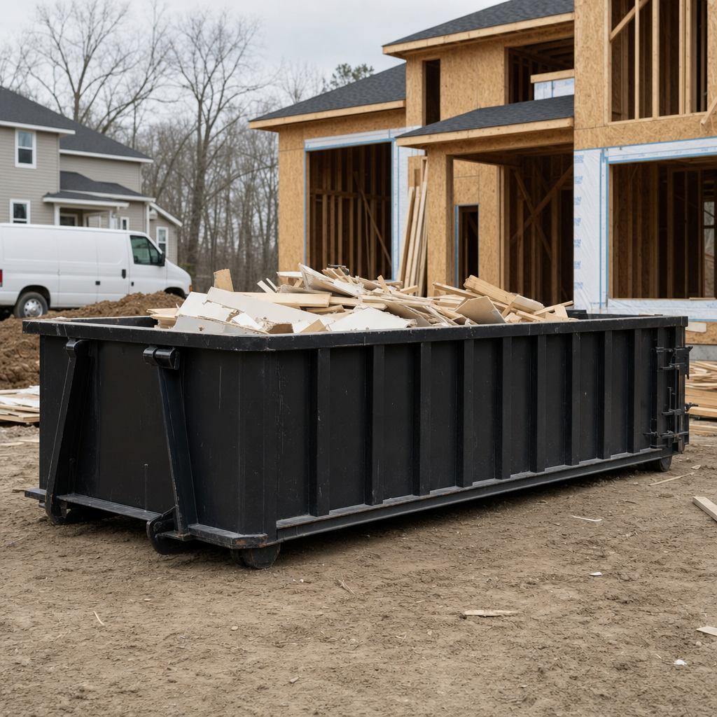 Worker in a yellow high-visibility vest tossing framing lumber and broken drywall into a matte-black 30-yard construction roll-off dumpster on an active build site in Charleston, bright daylight