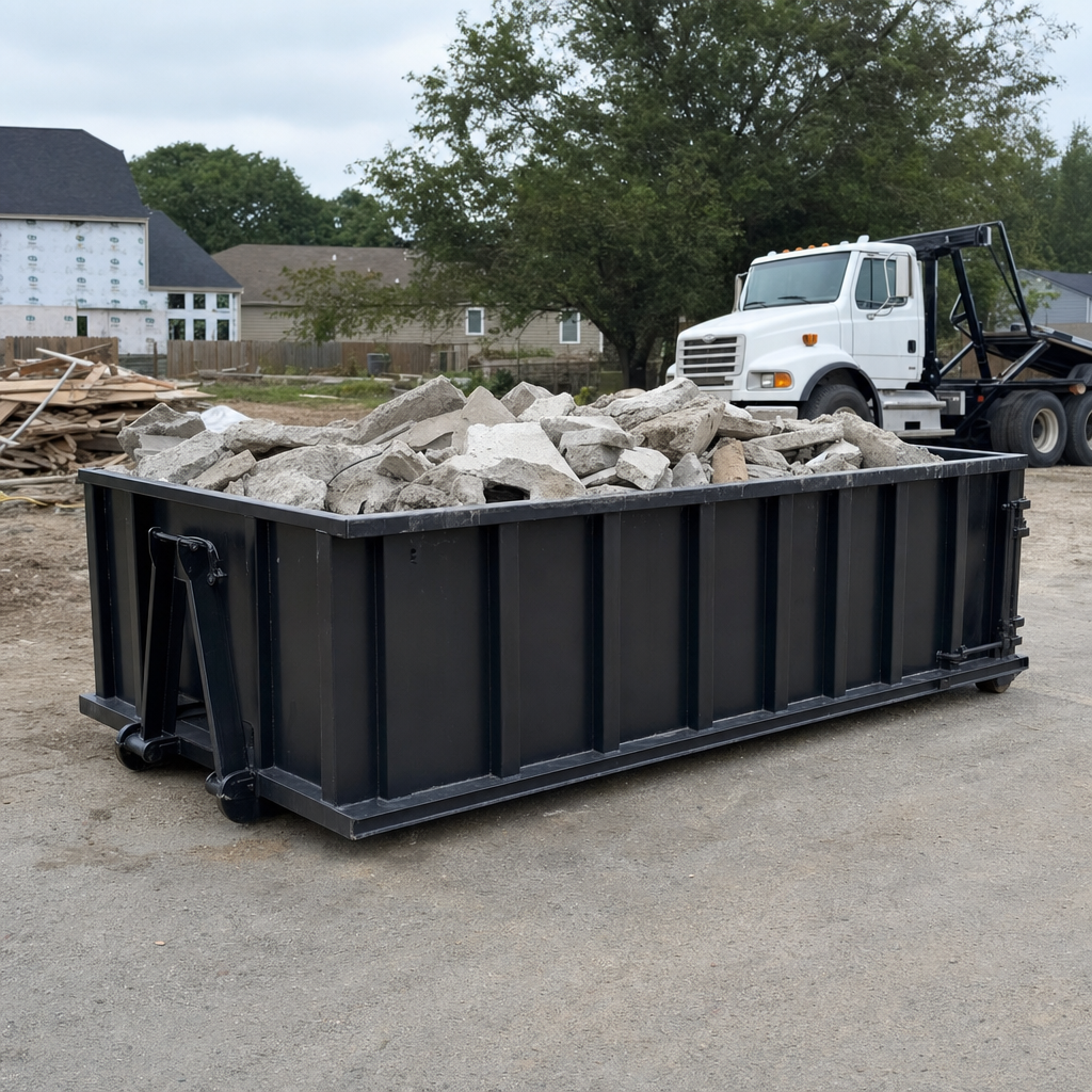 Low-profile matte-black lowboy roll-off dumpster loaded with broken concrete slab and rebar at a foundation tear-out in Charleston, skid steer parked beside it, sunny Colorado morning