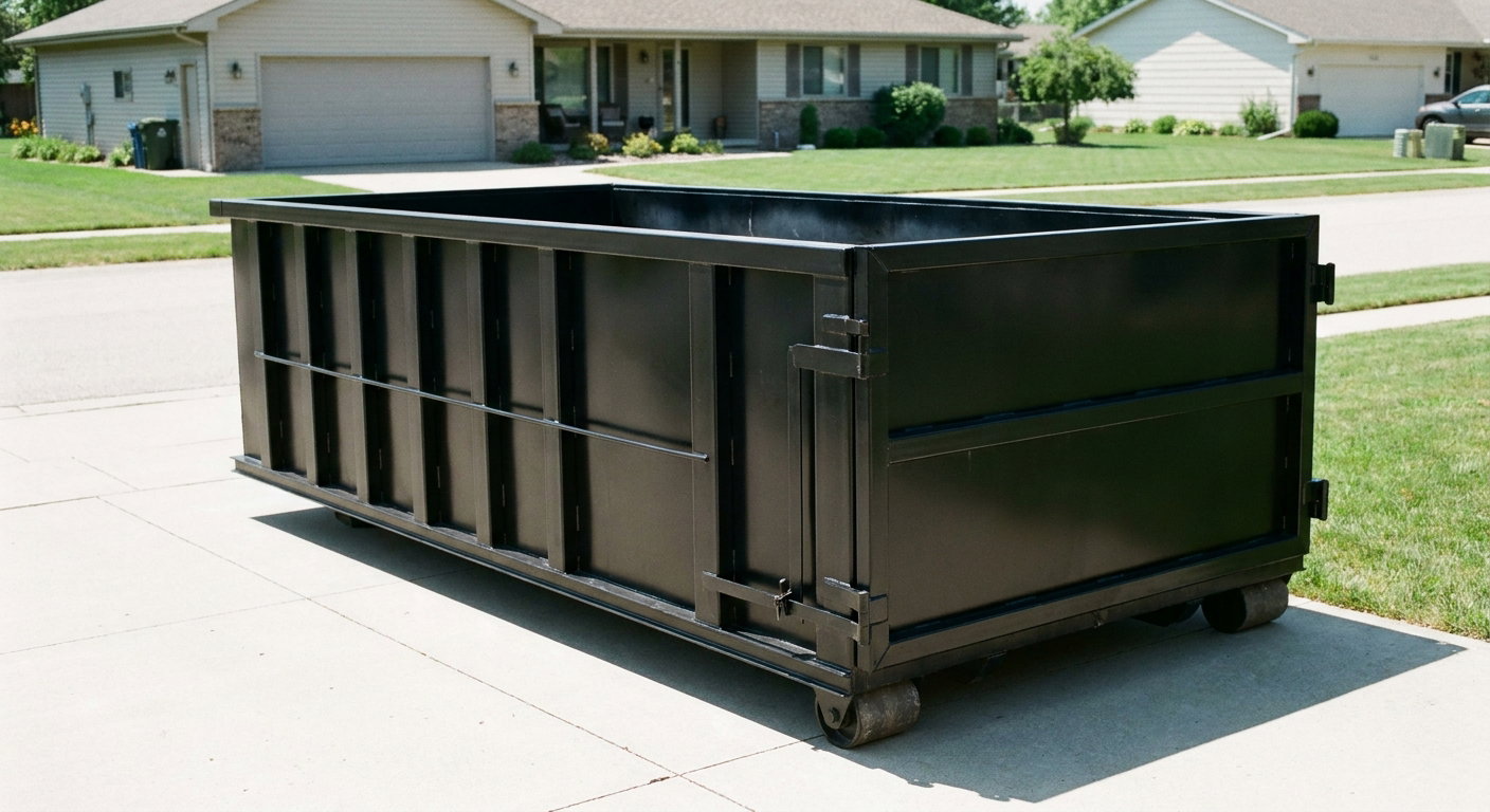 Matte-black 10-yard roll-off dumpster on a residential concrete driveway in Charleston, uniformly painted matte black across every panel and rail, ribbed steel sidewalls and rear swing door visible, mid-day daylight.