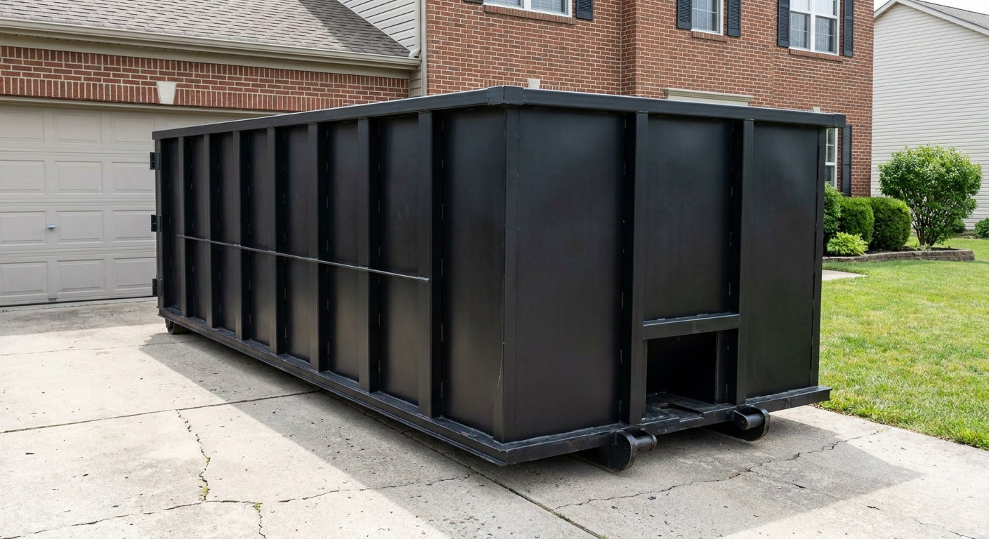 Matte-black 20-yard roll-off container on a Charleston residential concrete driveway with reinforced ribbed steel sidewalls and a hinged rear walk-in door, clean bright daylight.