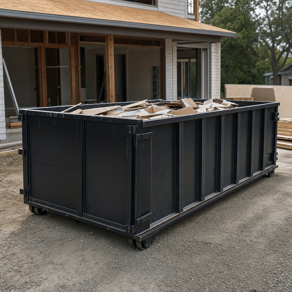 Large matte-black 30-yard construction roll-off dumpster at an active Charleston jobsite, steel-gray top rails and bottom rollers visible, loaded with construction debris.