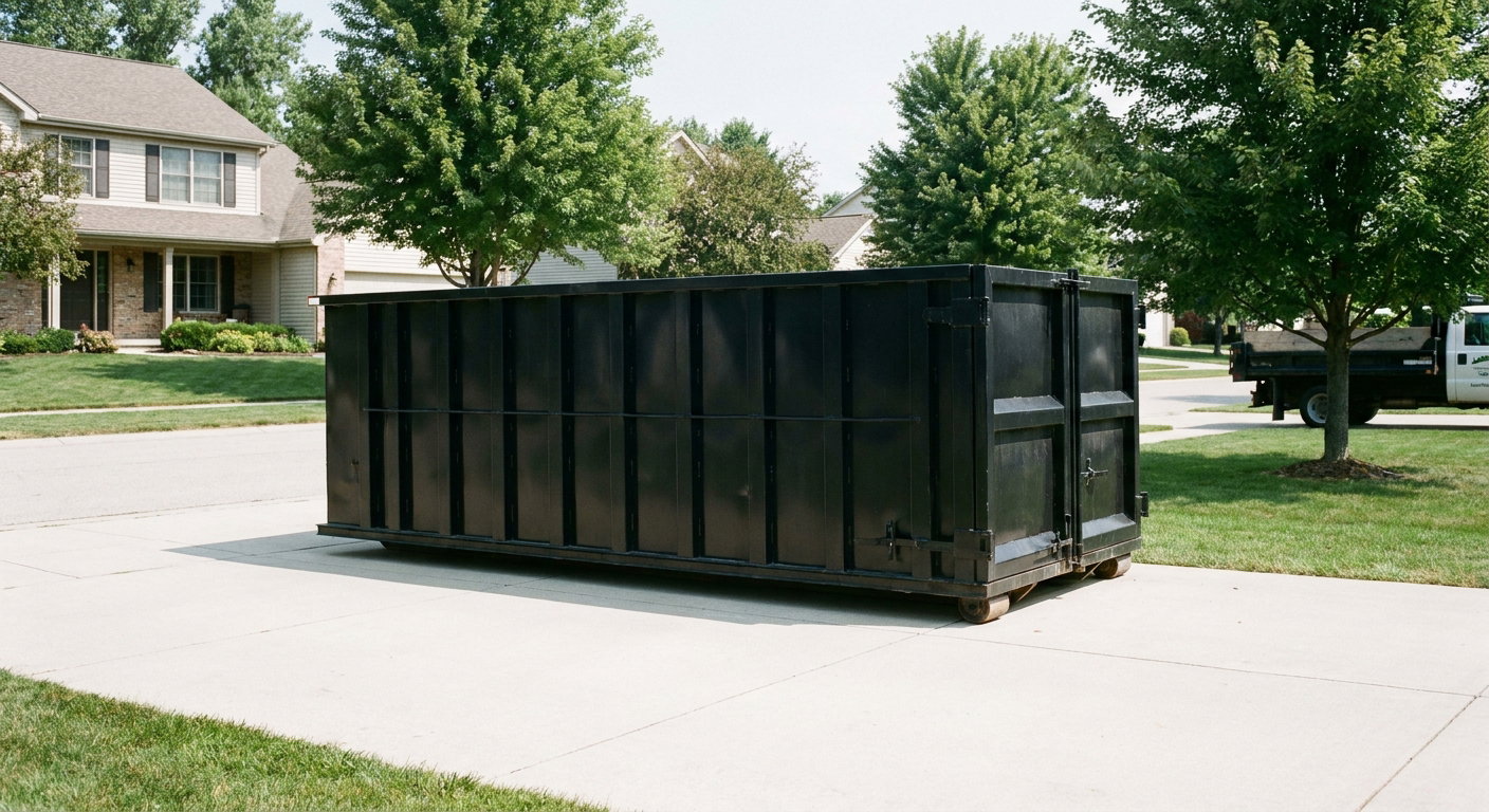 Matte-black 20-yard roll-off dumpster sitting level on a clean Charleston residential concrete driveway under bright daylight, demonstrating clean placement directly on the concrete.