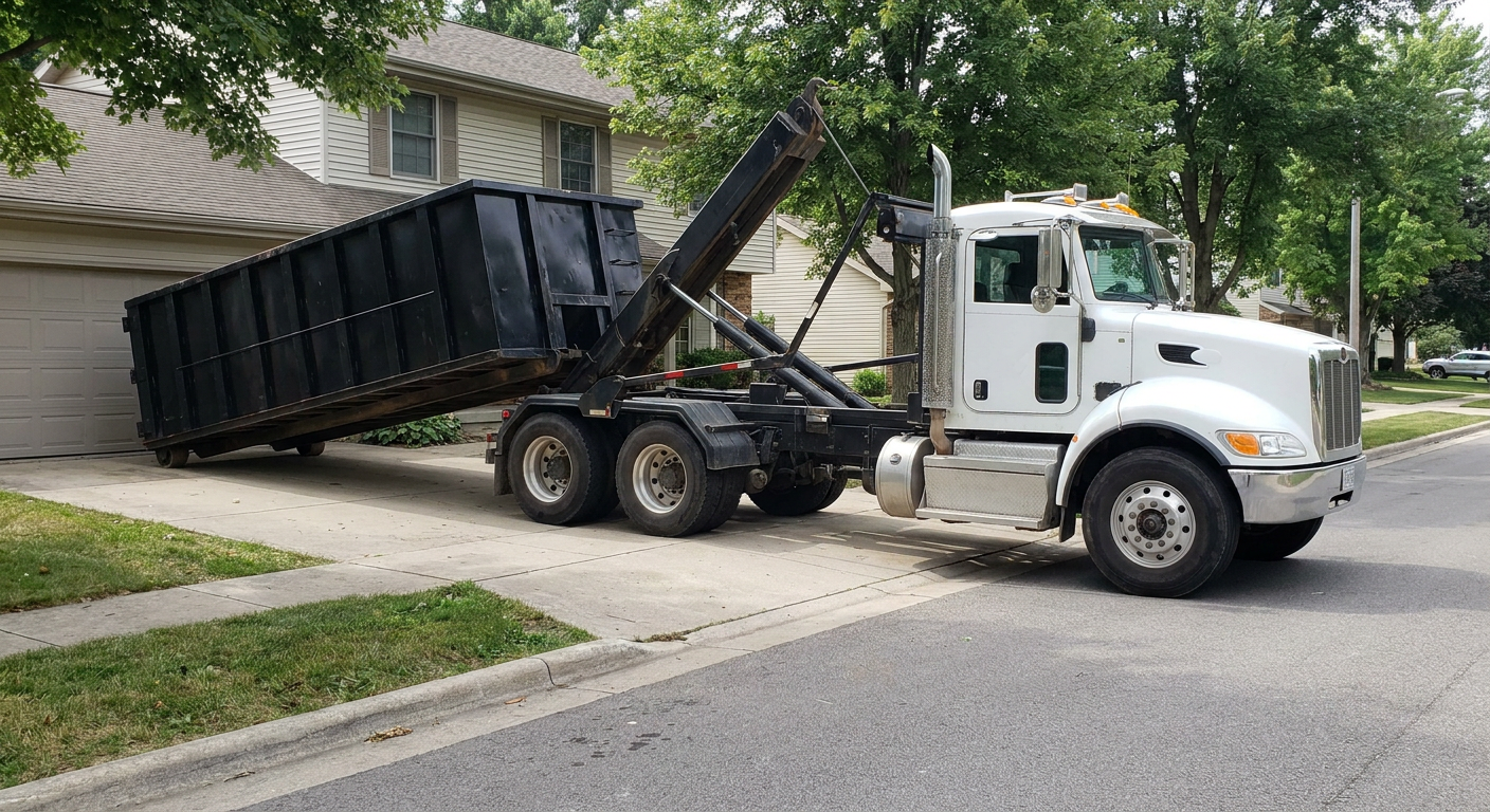 White-cab hooklift roll-off truck actively lowering a matte-black dumpster onto a Charleston residential concrete driveway, the dumpster's rear wheels touching the driveway as the hoist arm tilts the bed forward, mid-morning daylight.