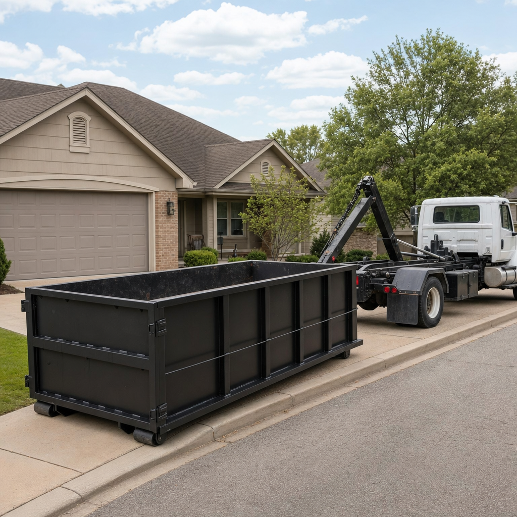 Wide documentary shot of a matte-black roll-off dumpster on a Charleston residential driveway in the foreground and a contractor jobsite container in the soft-focus background, bright daylight, calm and orderly composition.
