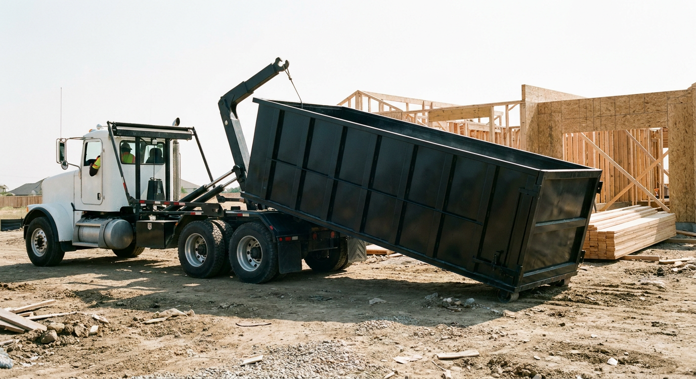 Matte-black roll-off dumpster being delivered onto a clean residential concrete driveway in Charleston by an unmarked white hooklift hauler truck, bright morning daylight, documentary 35mm perspective.