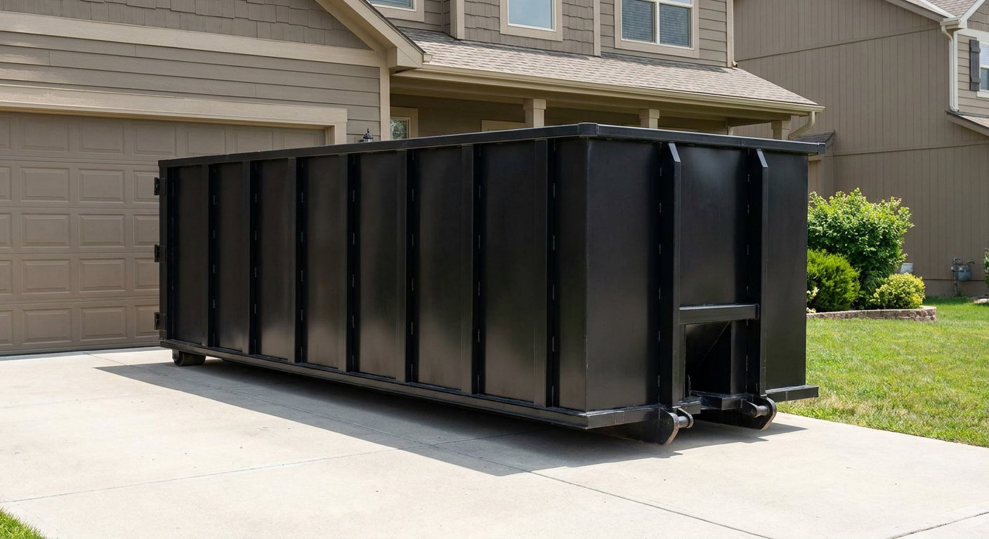 Matte-black residential roll-off dumpster sitting directly on a suburban Charleston concrete driveway, garage door closed, single-family home in background, bright morning daylight.