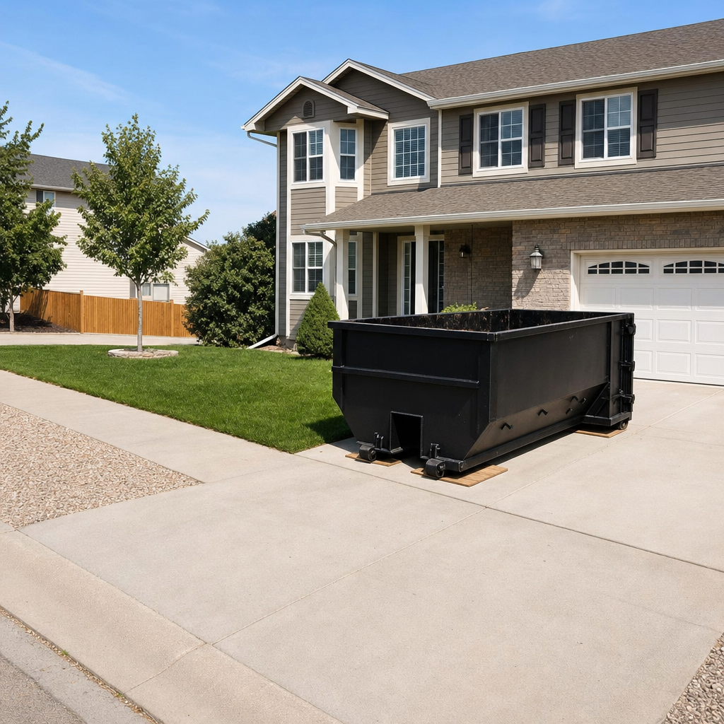 10-yard matte-black residential dumpster placed directly on a narrow Charleston concrete driveway, room remains for a parked sedan beside it, mid-morning natural light