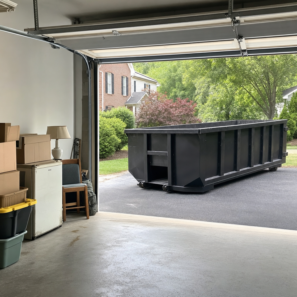 Open garage interior in a Charleston home mid-cleanout — boxed items, an old appliance, and stacked yard tools queued near the driveway for a matte-black roll-off dumpster, organized and calm
