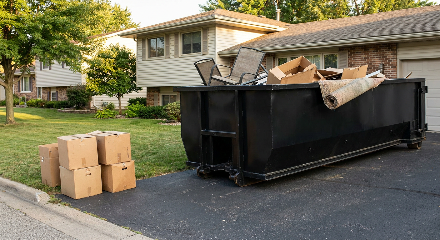 Front-yard view of a Charleston split-level home with a 20-yard matte-black roll-off dumpster sitting directly on the asphalt driveway, a few clearly labeled donation boxes staged at the curb, calm sunny afternoon.