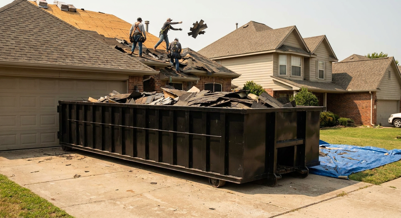 Matte-black roofing roll-off dumpster placed directly on a Charleston residential concrete driveway, a tear-off crew on a two-story asphalt-shingle roof tossing shingle bundles into the low-walled container, bright daylight, documentary 35mm perspective.