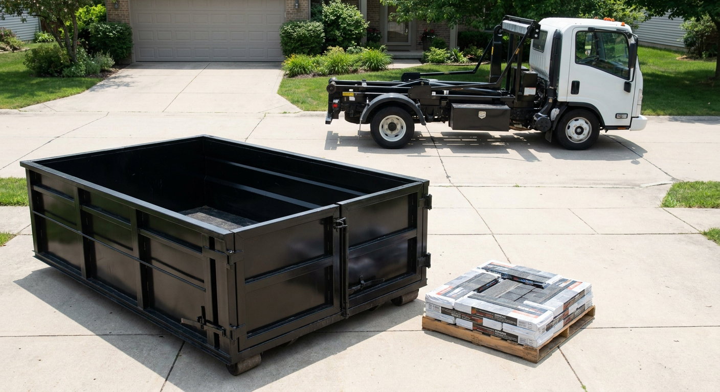 Matte-black 15-yard roofing roll-off dumpster with reinforced low side walls sitting directly on a Charleston residential concrete driveway, three-tab asphalt shingle bundles stacked nearby, an unmarked white hauler truck partially visible at the edge of the frame.