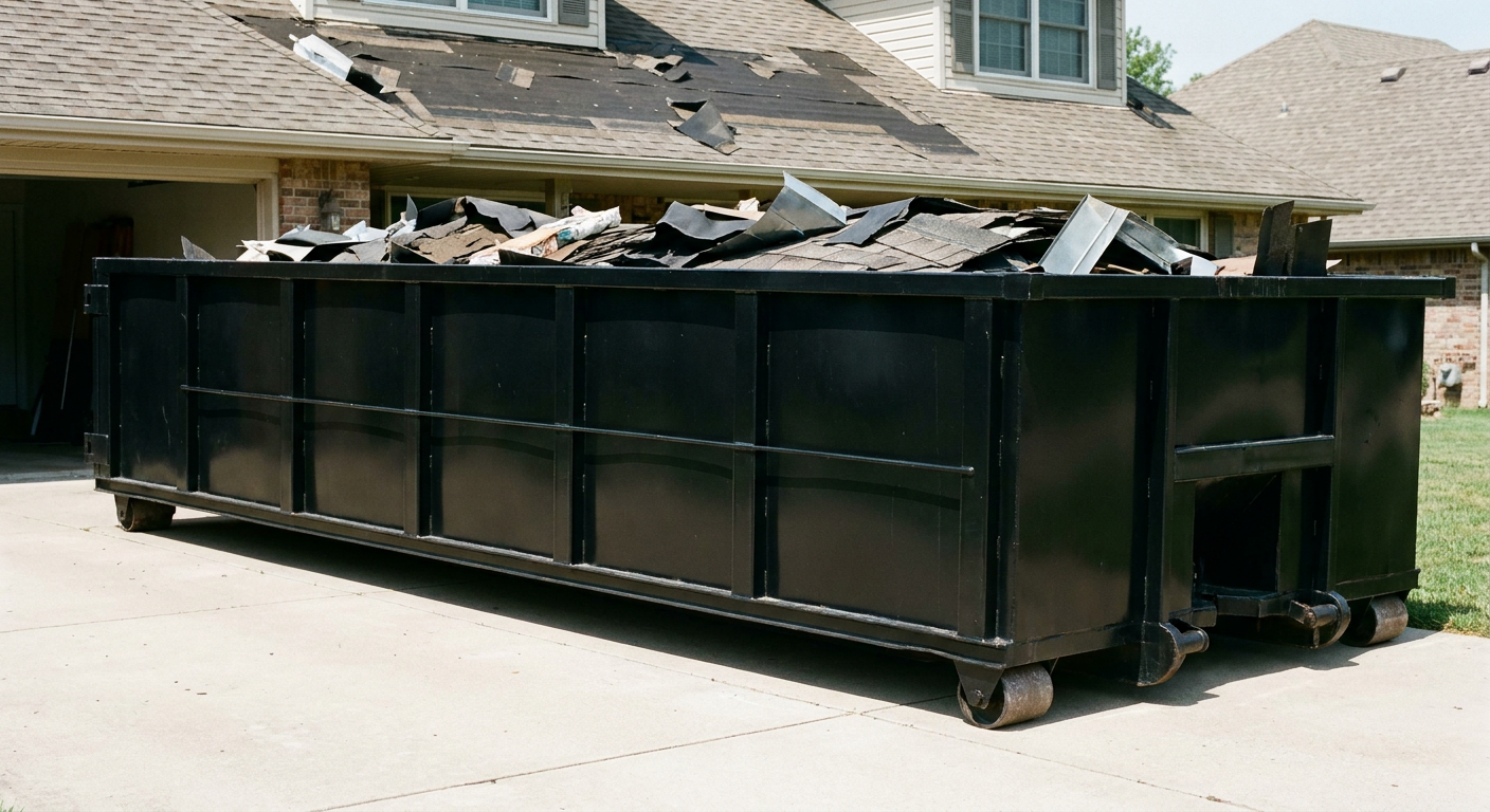 Matte-black 20-yard roofing roll-off dumpster with steel ribbed sides and swinging rear door, sitting directly on the concrete driveway of a two-story Charleston home, asphalt shingle debris being loaded over the low wall, clean documentary lighting.