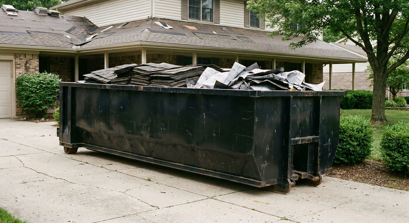 Matte-black 30-yard roofing roll-off dumpster sitting directly on a Charleston concrete driveway, taller ribbed steel side panels, mixed tear-off debris of asphalt shingles and underlayment inside, professional documentary daylight.
