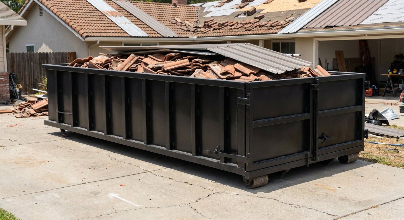Matte-black low-wall heavy-debris roofing roll-off dumpster sitting directly on a Charleston concrete driveway, broken concrete clay roof tiles and metal panel sections loaded inside, reinforced ribbed steel side walls visible, bright outdoor daylight.
