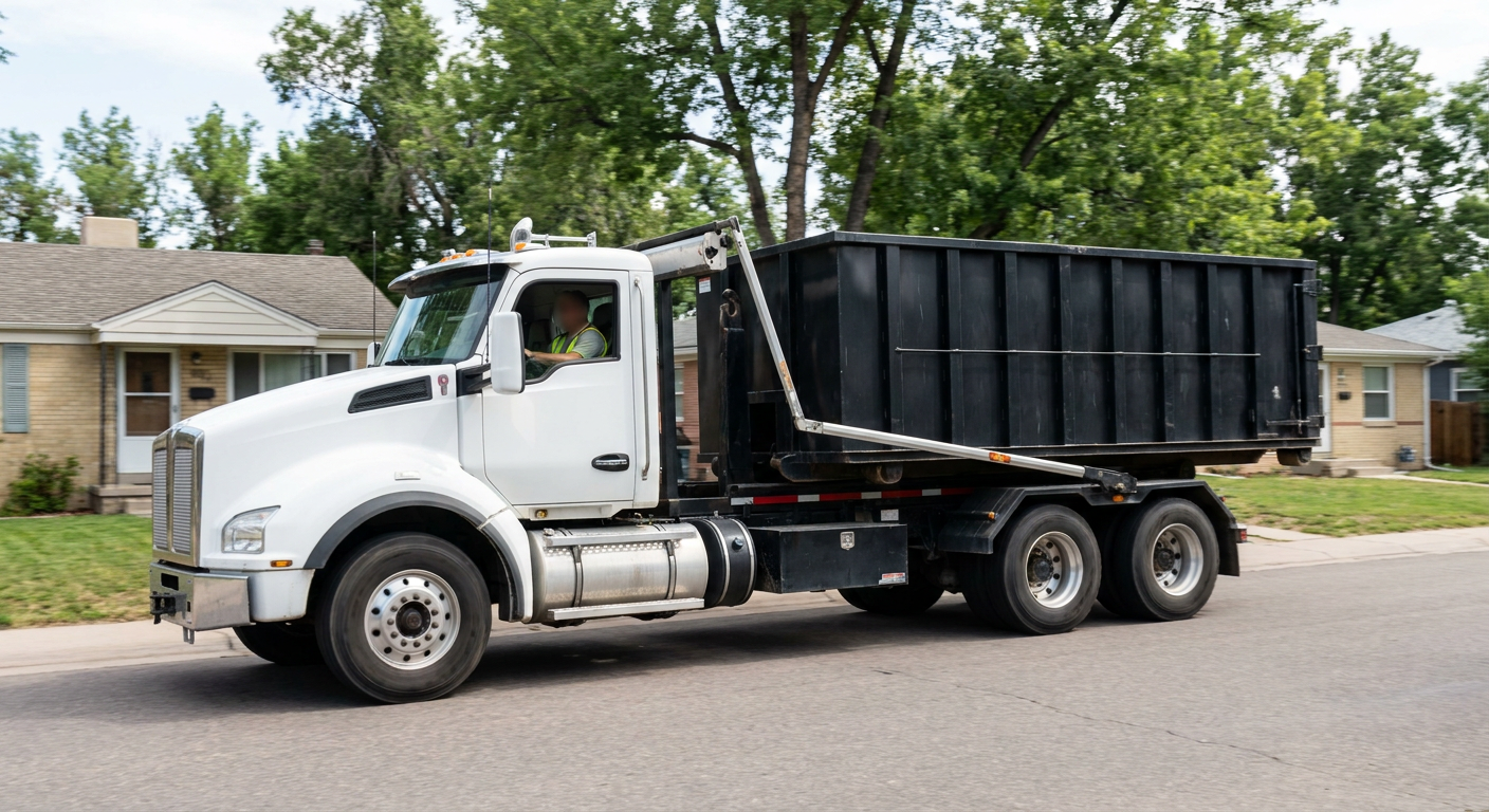 A wide documentary shot of a matte-black roll-off delivery truck pulling onto a quiet Charleston residential street at mid-morning, with neighborhood rooftops and tree-lined blocks visible behind, showing the metro coverage footprint.
