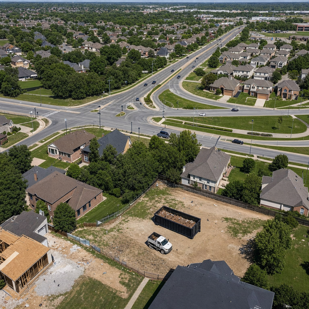 An overhead documentary view of the Charleston metro area at midday, showing the spread of neighborhoods, arterial roads, and the dispatch radius from a central yard — clean daylight, organized geographic layout.
