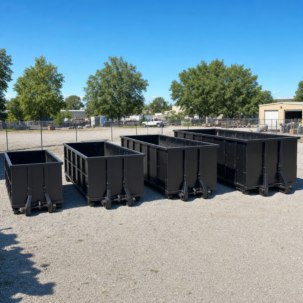 A clean lineup of matte-black roll-off dumpsters in 10, 20, 30, and 40-yard sizes staged on a sunlit gravel yard in Charleston, showing the size progression from compact to commercial-scale containers.