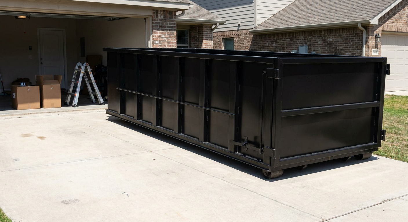 A matte-black 10-yard roll-off dumpster sitting directly on a residential Charleston concrete driveway, mid-day sunlight, clean and ready for a garage cleanout.