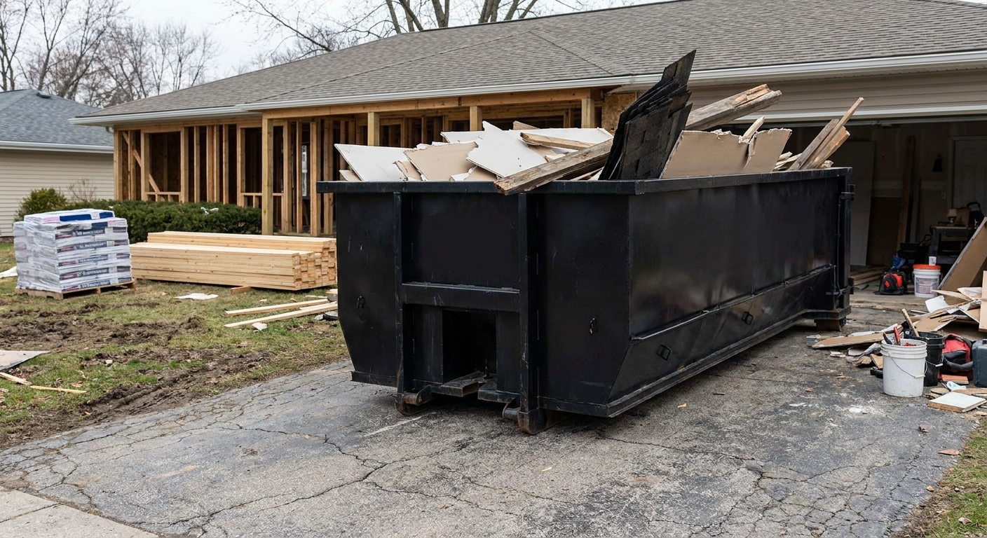 A matte-black 20-yard roll-off dumpster placed alongside a mid-renovation Charleston home directly on the asphalt driveway, with framing materials and torn-off shingles staged neatly nearby.