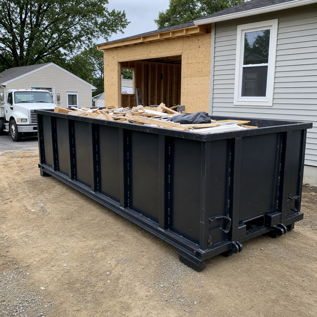 A matte-black 30-yard roll-off dumpster positioned at a Charleston residential addition jobsite, with framing lumber and drywall scraps loaded through the open swinging rear doors.