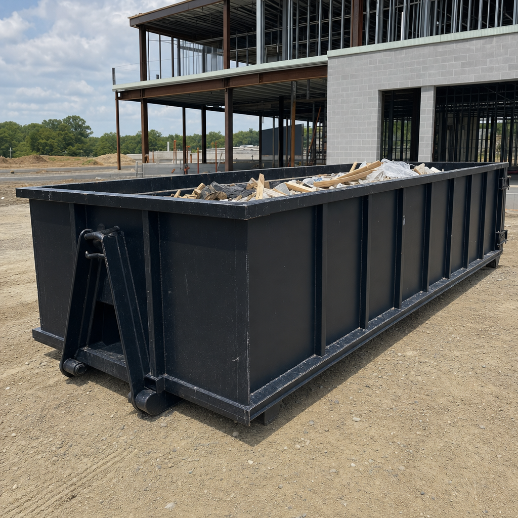 A matte-black 40-yard roll-off dumpster staged on a large Charleston commercial construction lot, with a hooklift delivery truck parked alongside under bright midday sky.