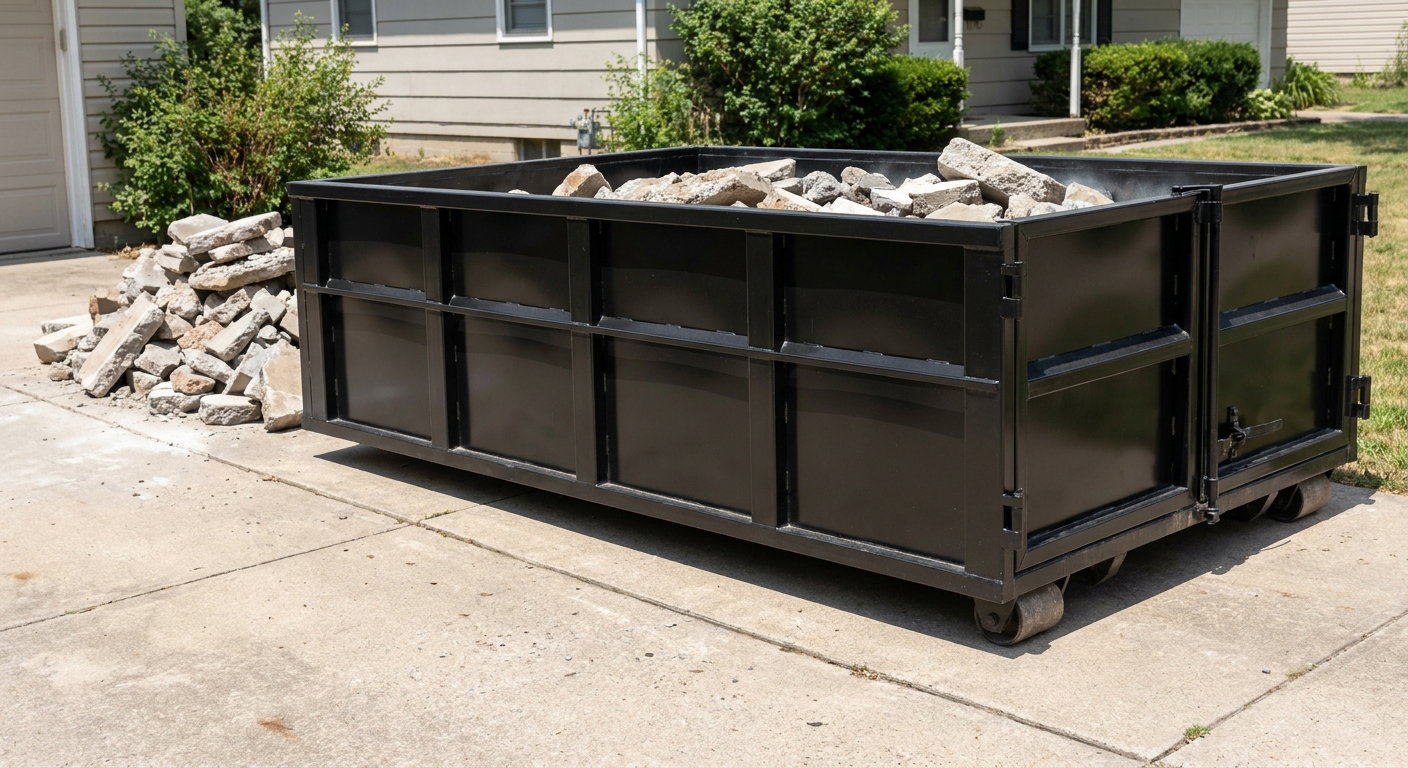A matte-black low-side heavy-debris roll-off dumpster placed directly on a Charleston concrete driveway, with broken concrete chunks neatly stacked beside it under clean daylight.